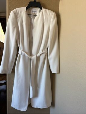 Calvin Klein Cream/white lined Belted Long Coat